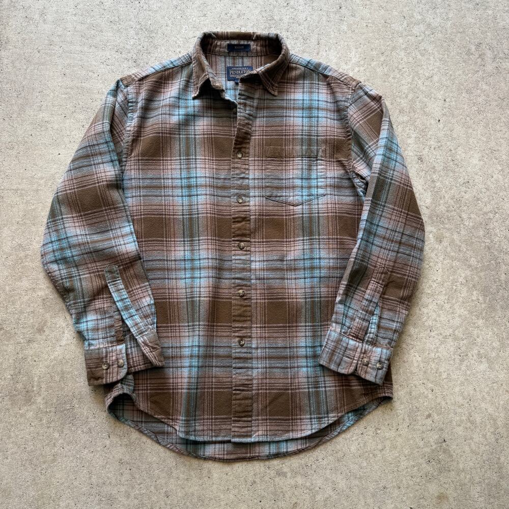 Men's Pendleton Brown Blue Mason Flannel Button Up Long Sleeve Shirt Sz Medium